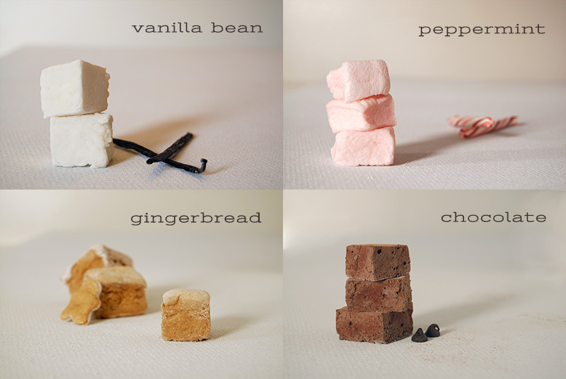vanilla bean, peppermint, gingerbread, and chocolate homemade marshmallows